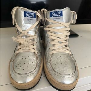 Golden Goose Silver High-Top Sneakers with Black Star